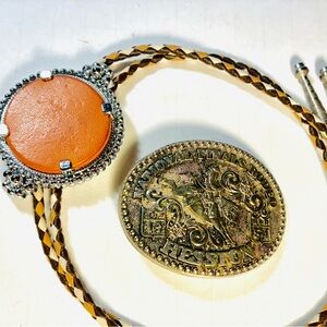 Vintage Leather Bolo Tie And Rodeo Belt Buckle
